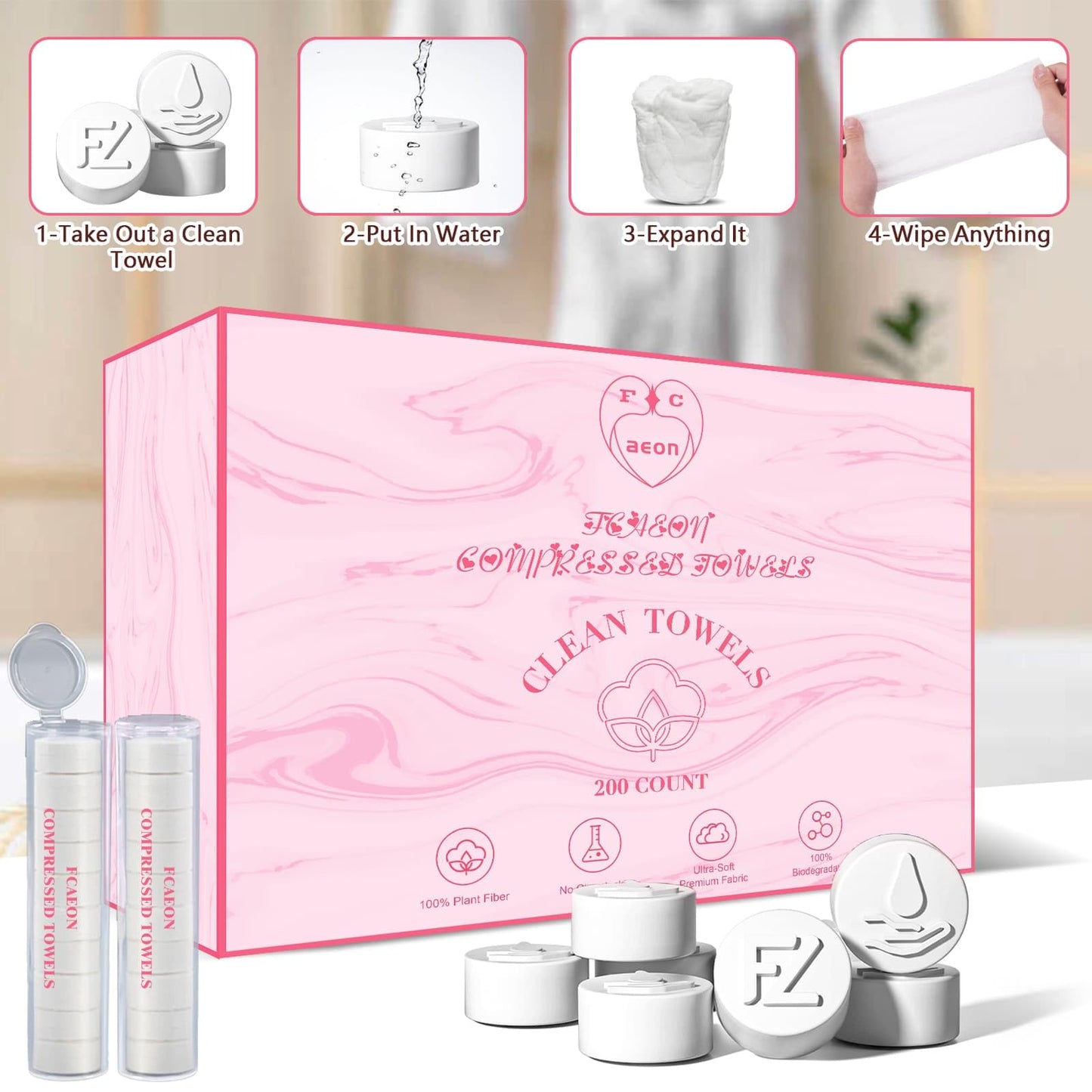 FCaeon Toallitas Faciales Desechables Comprimidas Ultra Suaves,Compressed Towel Guantes de Tocador Gruesos, Toallitas de Algodón para Desmaquillaje de Viaje, Piel Sensible, Cuidado(200 Unidad Rosa)