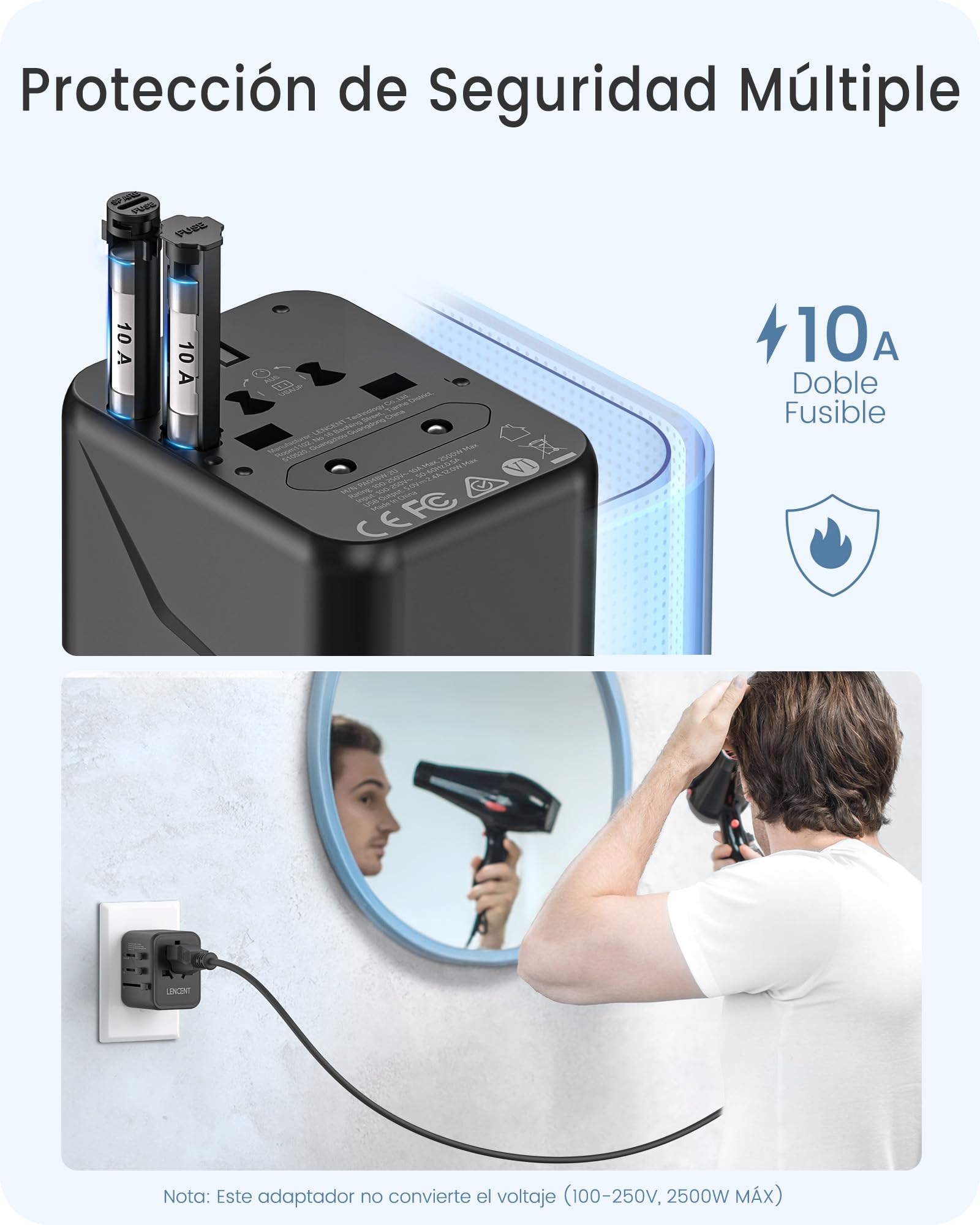LENCENT Adaptador Enchufe Universal, Enchufe Internacional con 2 Puertos USB, Cargador de Viaje para Europa, Americano, Canadá, Reino Unido, Australia, Adaptador Viaje para Más de 200 Países, Negro