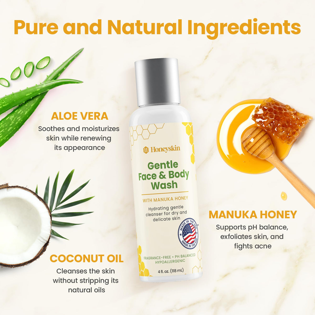 Gentle Moisturizing Organic Face & Body Wash (4 oz) Manuka Honey, Eczema, Psoriasis, Acne, Rosacea, Aloe Vera, Botanicals, No Parabens, No Sulfates, No Fragrance, Non-Allergenic by Honeyskin