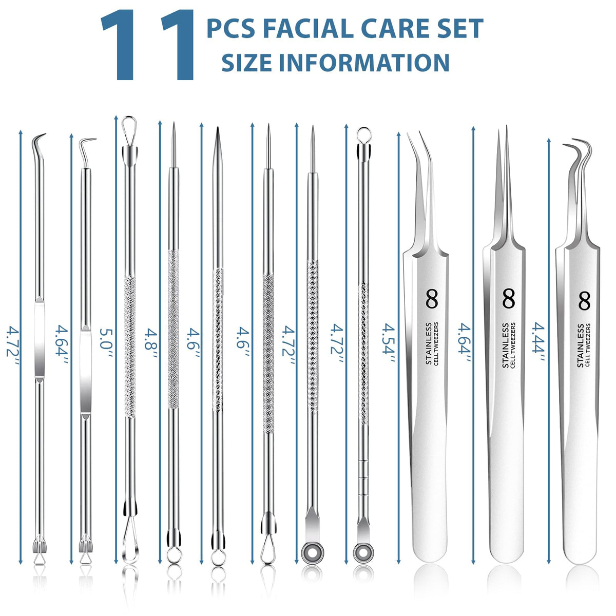 SBAILL Kit de eliminación de acnéextractor de espinillaskit de herramientas para quitar manchaspuntos blancos11 piezas para quitar la picadura para la nariz y la cara con una caja de regaloPlateado