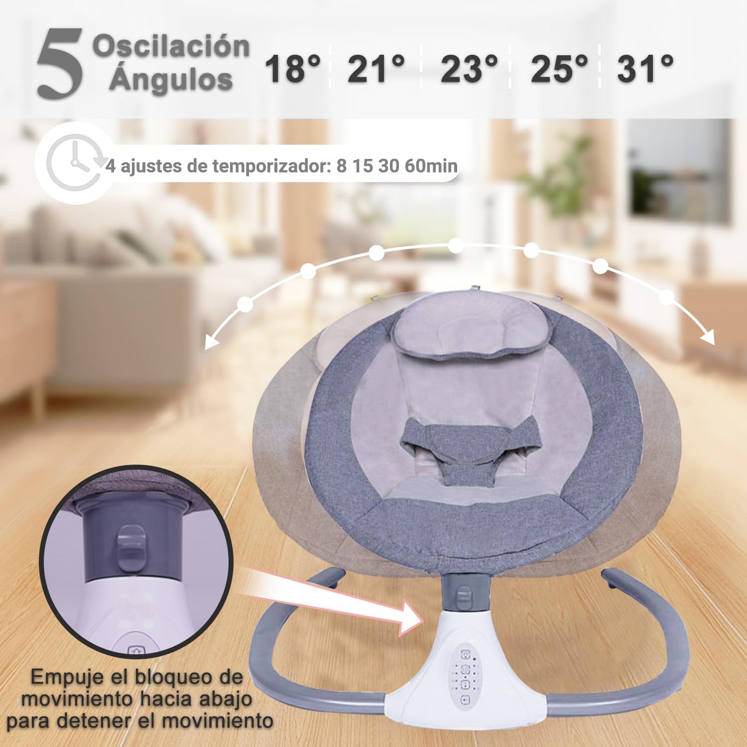 Columpio eléctrico para bebé, mecedora portátil para bebé, mecedora de interior con mando a distancia y bluetooth, 12 canciones de cuna, 4 velocidades de balanceo, arnés de 3 puntos (Gris pálido)
