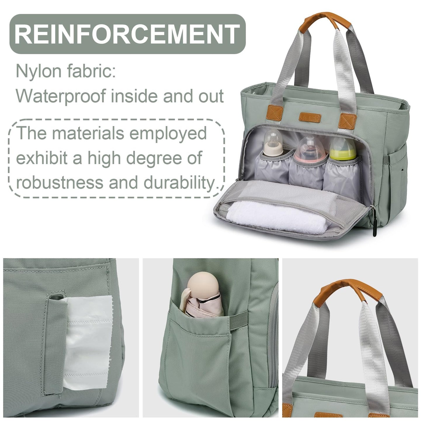FHELAD - Bolsa de pañales grande con compartimento para portátil de 16 pulgadas, bolsa de bebé con bolsillo aislado para mamá y papá, ideal para viajes, trabajo (gris morandi)