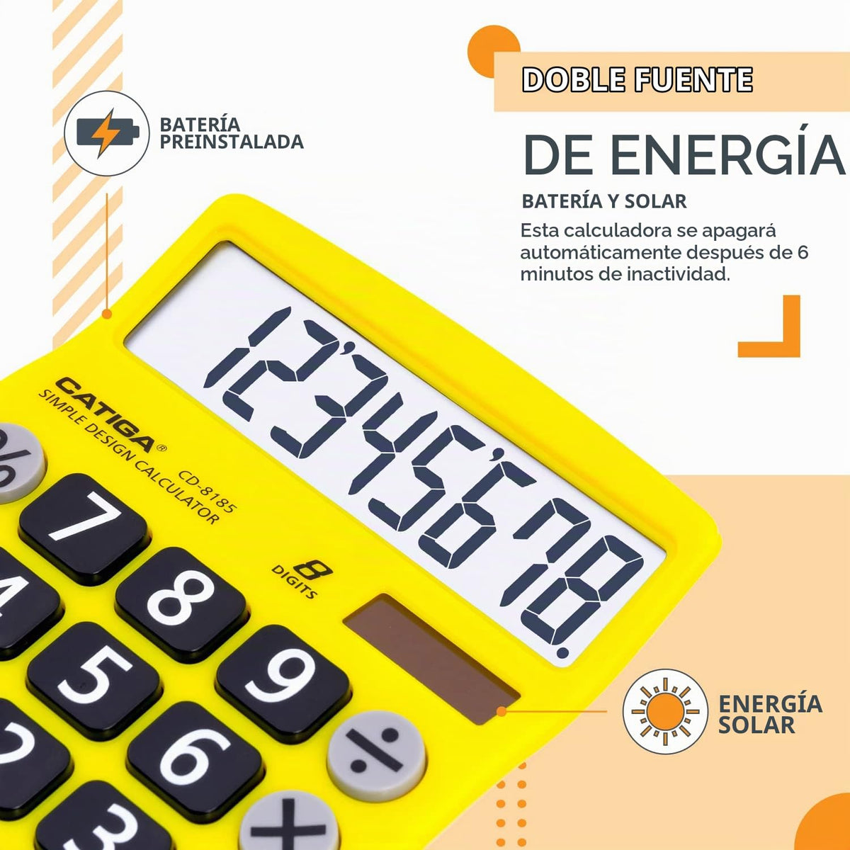 Calculadora CATIGA Negra Solar 8 Dígitos con Pantalla LCD y Botones Grandes para Oficina y Hogar