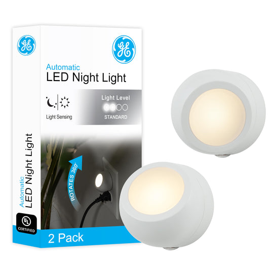 GE 30966 Luz nocturna LED con enchufe, 2 Pack- 360 Degree Light, Blanco