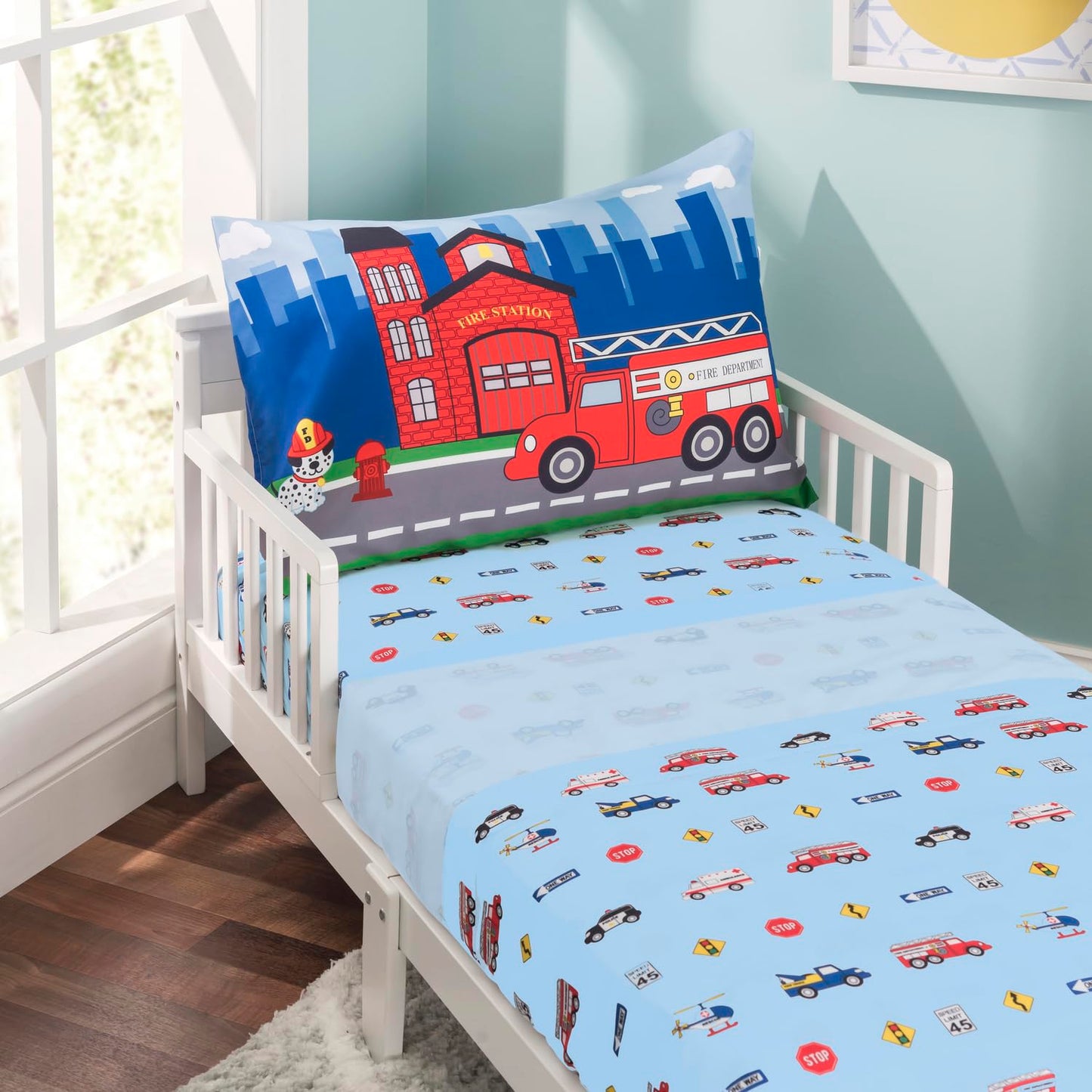 EVERYDAY KIDS - Juego de sábanas bajeras de 3 piezas para niños pequeños, sábana encimera y funda de almohada – Policía, fuego y rescate, juego de sábanas de microfibra suave y transpirable para niños