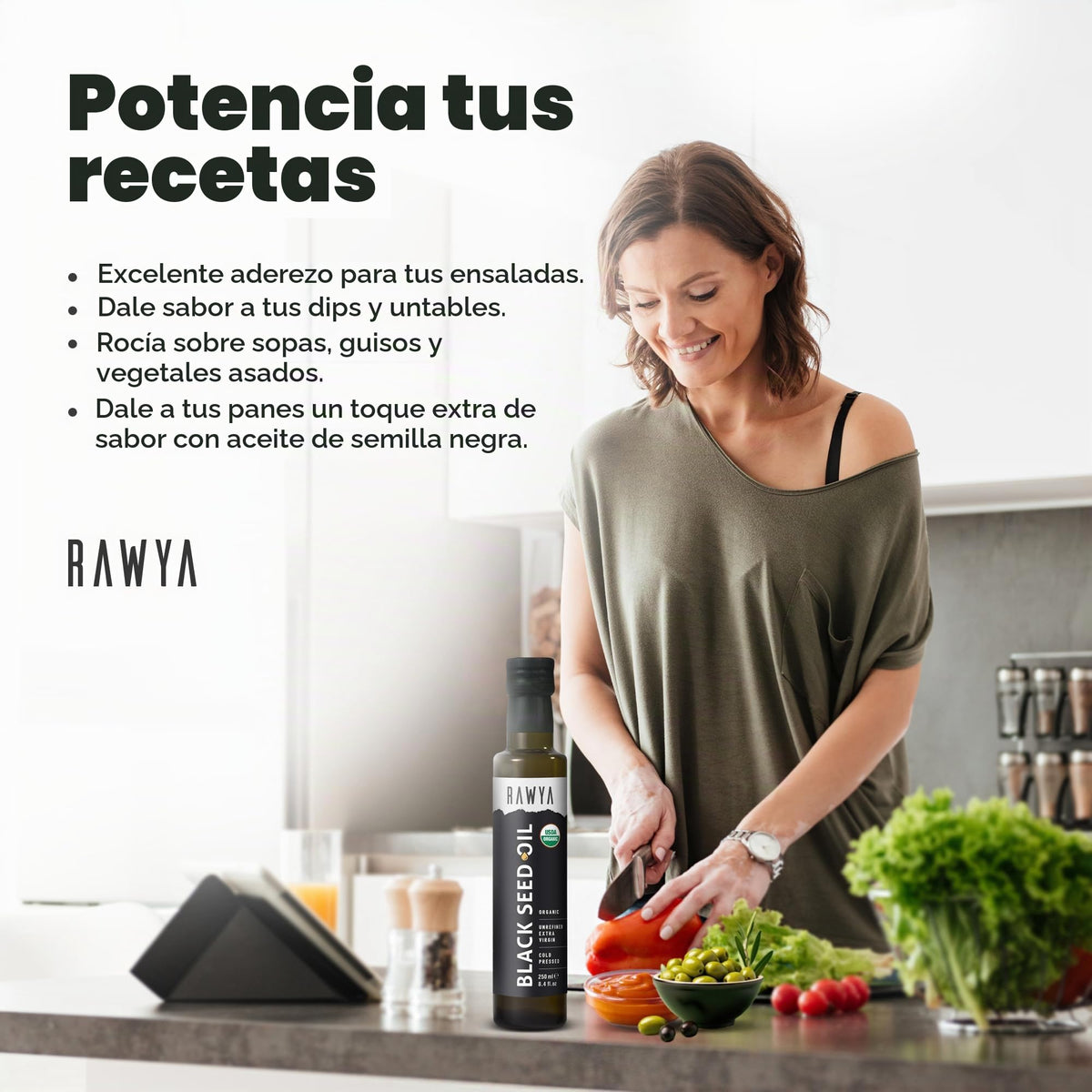 RAWYA Aceite de Comino Negro - Prensado En Frío - Comino Negro Turco - Nigella Sativa Premium Con Timoquinona - Kalonji - Sin Omg Ni Gluten - Suplementos Nutricionales - Sabor Extra Fuerte - 237 Ml