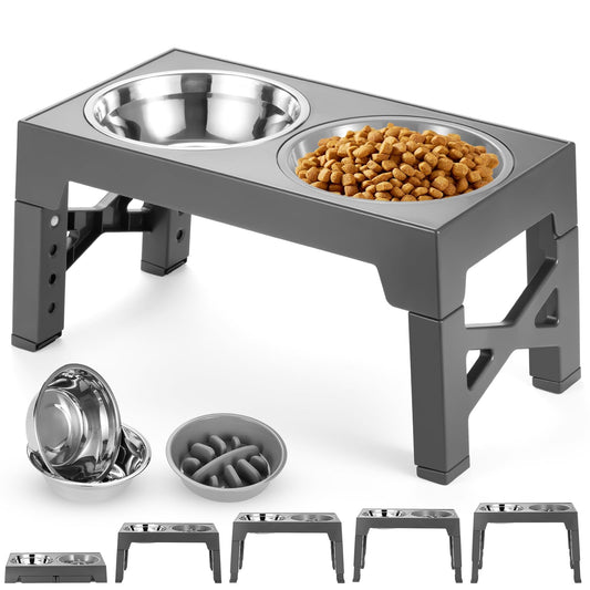 Cuenco Elevado para Perro, Comedero Elevado con 5 Alturas Ajustable para Perro y Gato, Comedores Elevados con Comedero Lento y 2 Cuencos de Acero Inoxidable para Perros Pequeños, Medianos y Grandes