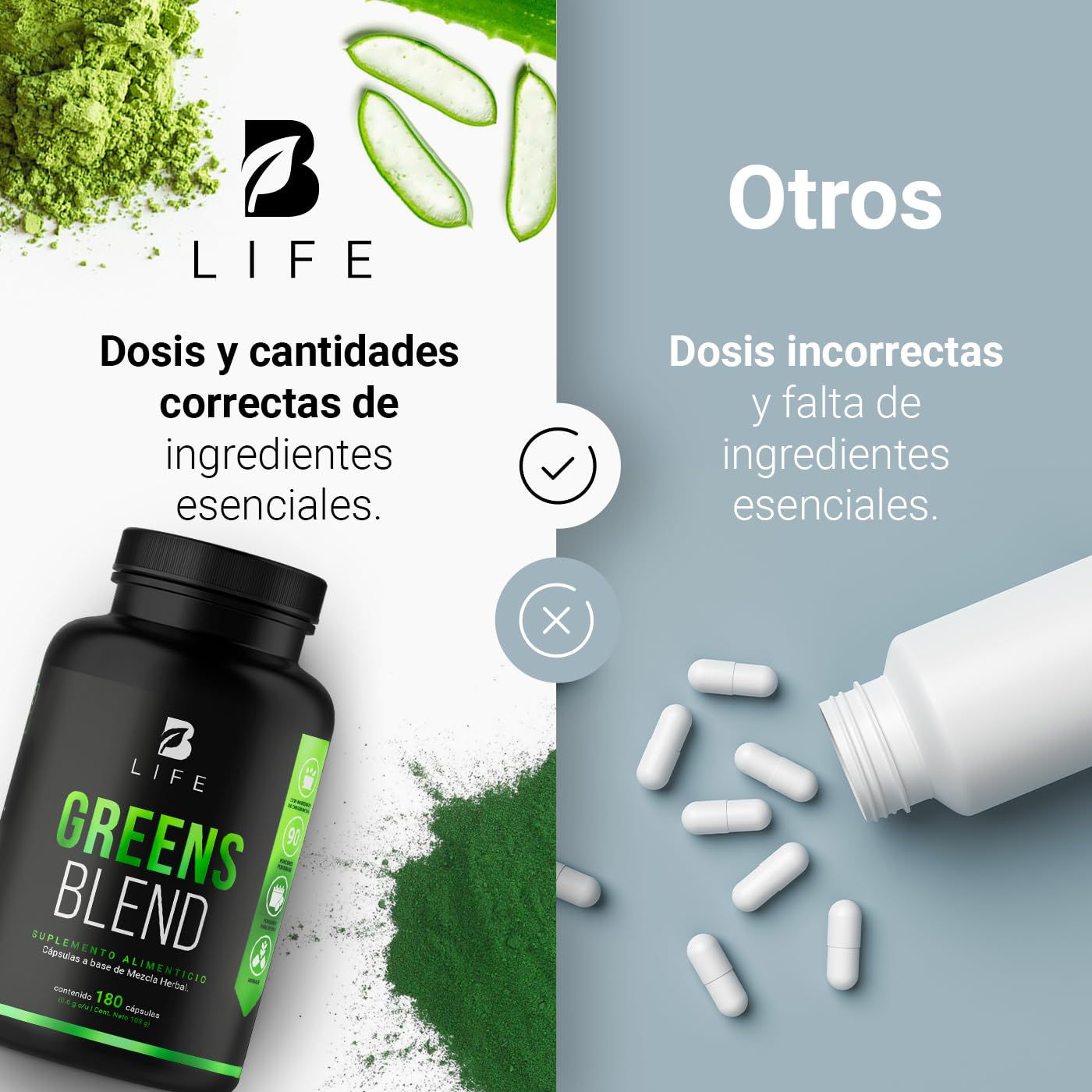 Greens Blend 180 Cápsulas. Ingredientes naturales: Espirulina, Moringa, Weathgrass Clorela, Matcha y Aloe Vera Mezcla Herbal. Greens Blend B Life.