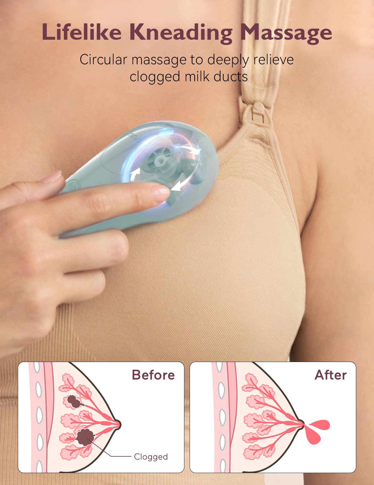 Momcozy - Masajeador de lactancia rodante con calor, 3 en 1 para aliviar los conductos obstruidos, mejora el flujo de leche, azul-verde