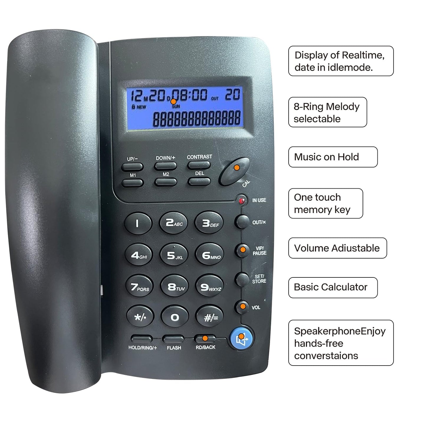 ORNIN Y043 Corded Telephone with Speaker, Display, Basic Calculater and Caller ID, Black