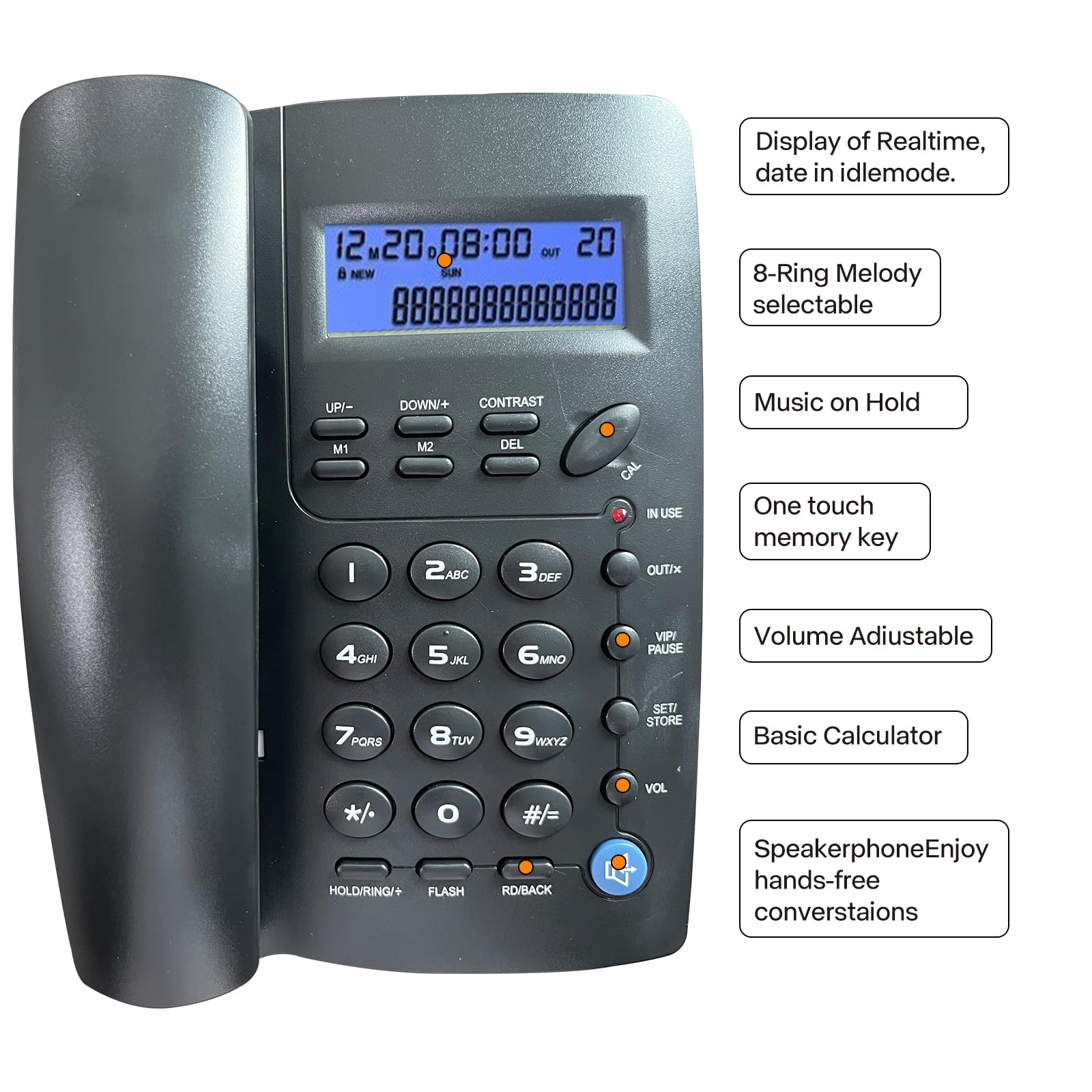 ORNIN Y043 Corded Telephone with Speaker, Display, Basic Calculater and Caller ID, Black