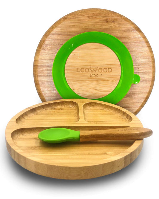 Ecowood Plato Extendido de Bambú con Divisiones para Bebe y Niño Con Base de Silicona Succión Adherente y Antiderrapante - Plato para Bebé y Niño Incluye Cuchara de Bambú Color Verde