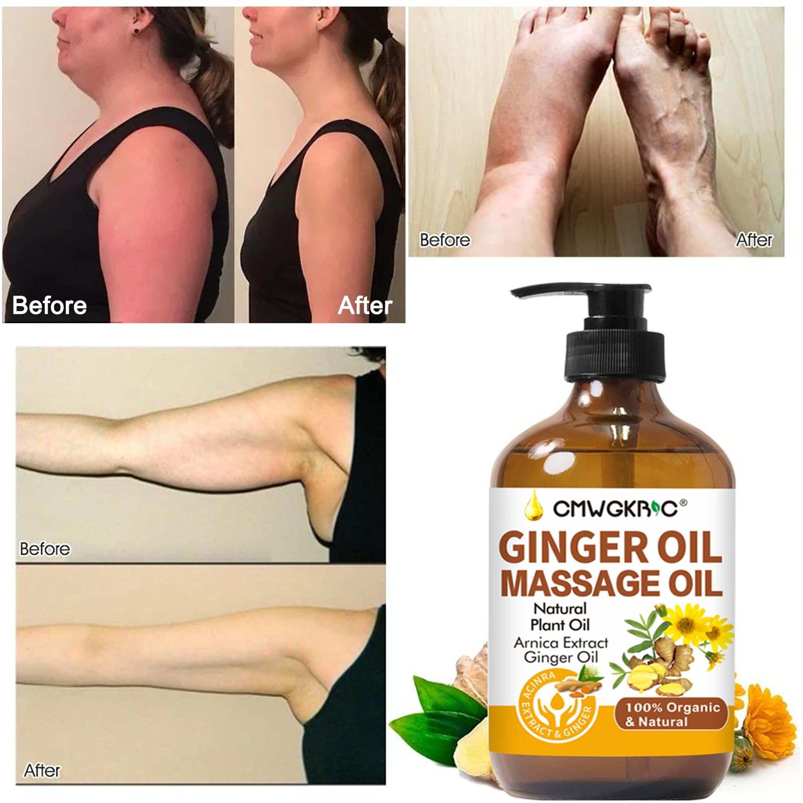 CMWGKBC Aceite de Masaje de Jengibre 2 Piezas – Con Arnica y Uva, 100% Natural, 250 ml c/u