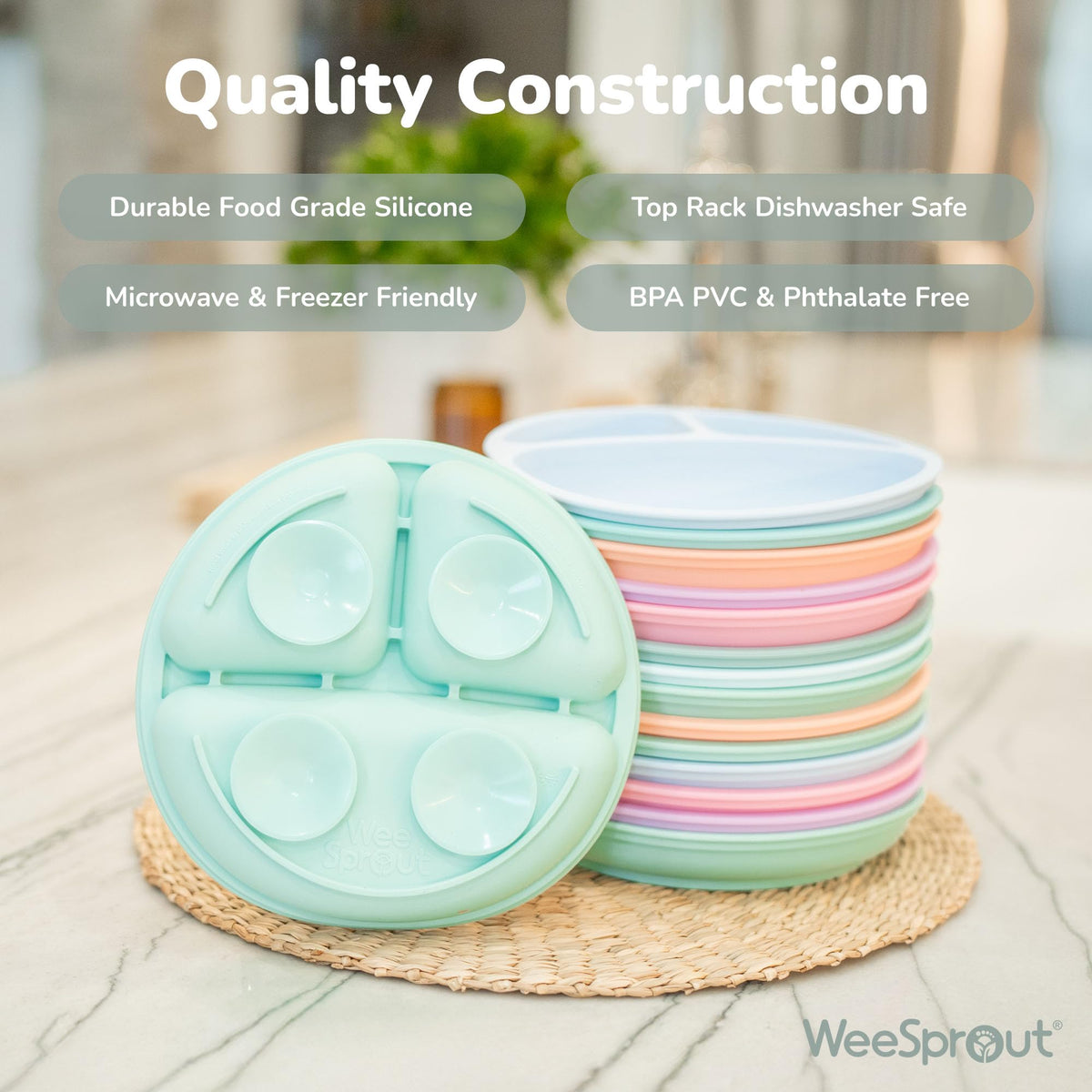 Placas de succión WeeSprout con tapas para bebés y niños pequeños - 100% silicona, vajilla que se mantiene en su lugar, diseño dividido para comedores exigentes, aptas para microondas y lavavajillas