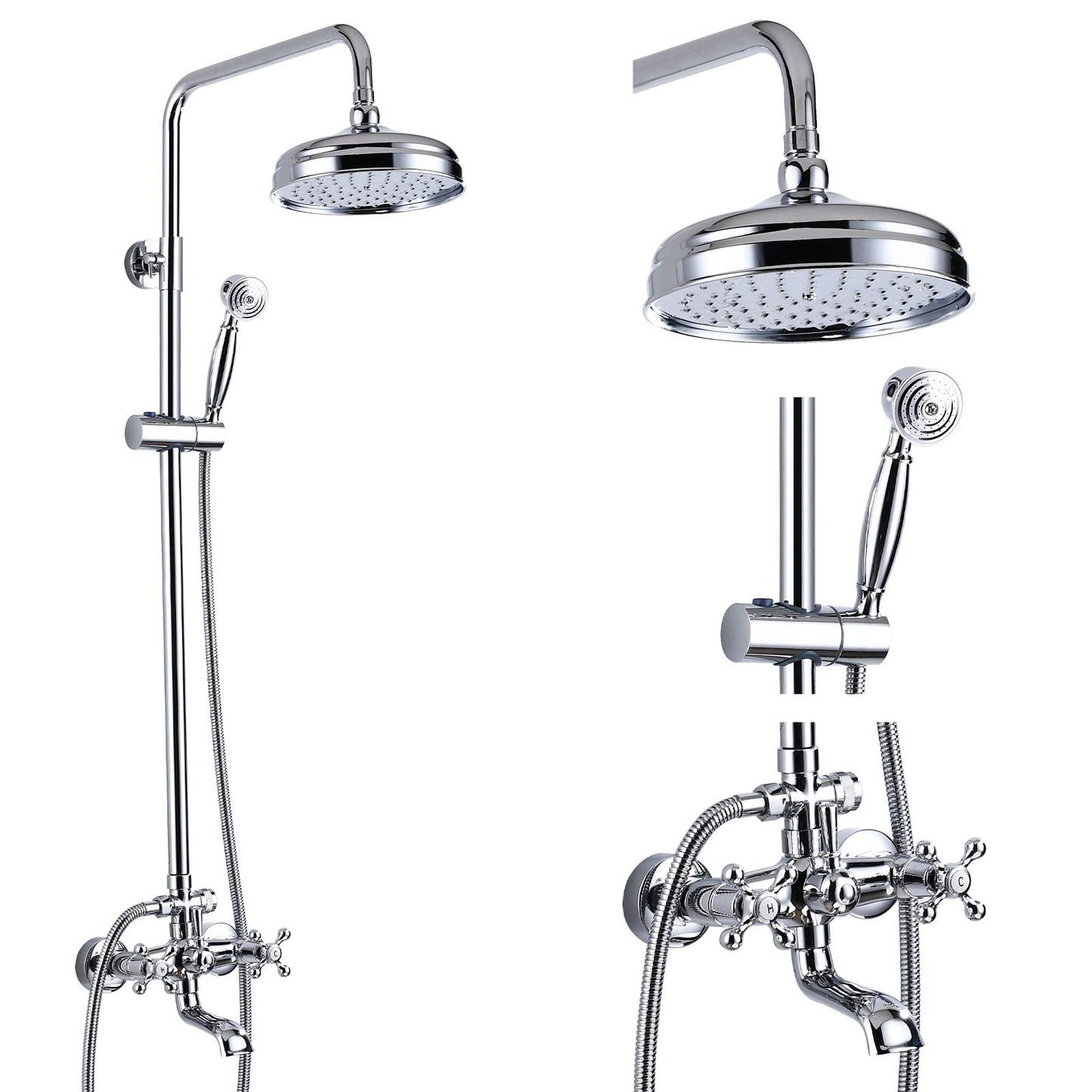 gotonovo - llave de ducha de baño, mezclador de lluvia redondo de 8 pulgadas, doble asa cruzada con boquilla para tina, montaje en pared, accesorios de ducha de baño, pulverizador de mano de metal de