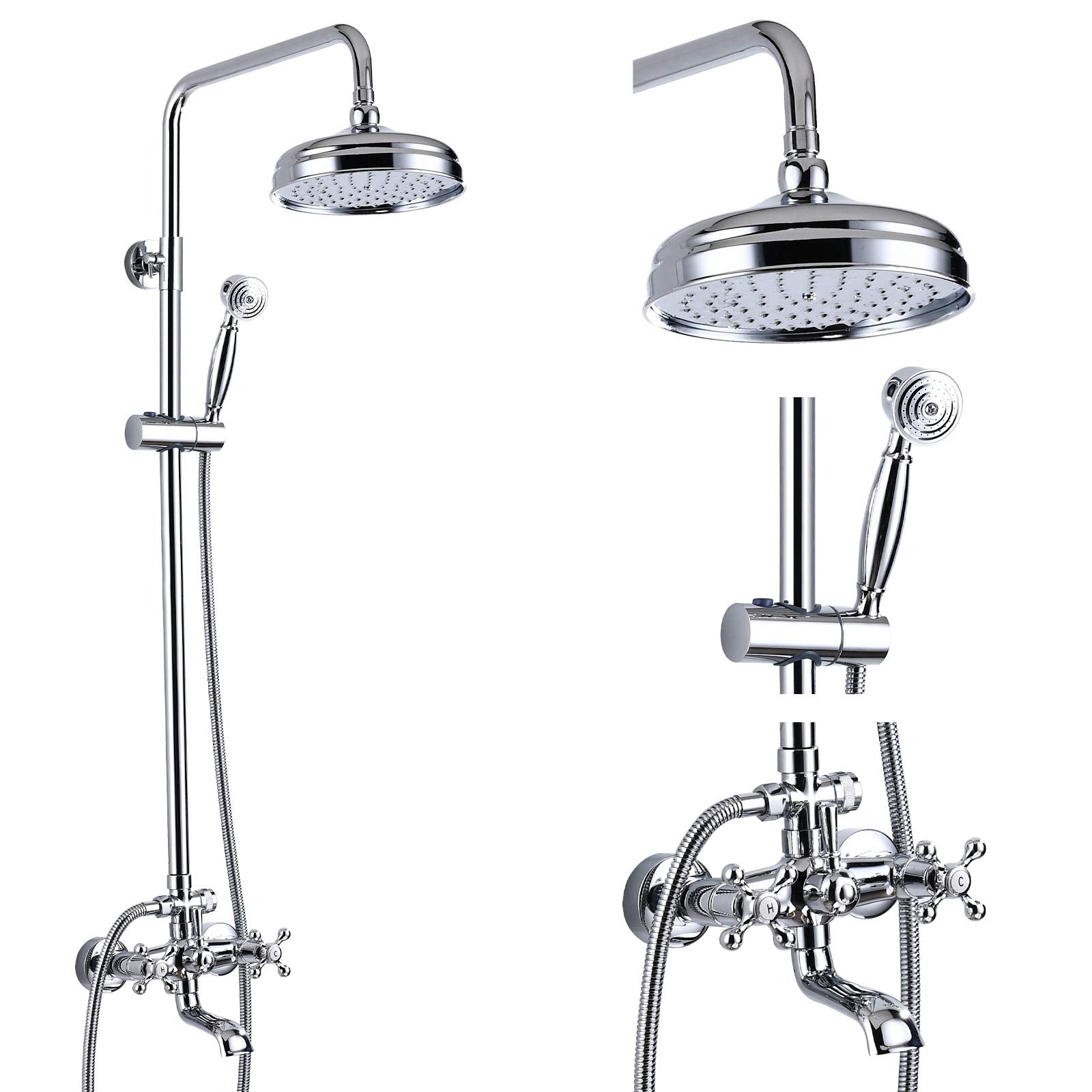 gotonovo - llave de ducha de baño, mezclador de lluvia redondo de 8 pulgadas, doble asa cruzada con boquilla para tina, montaje en pared, accesorios de ducha de baño, pulverizador de mano de metal de