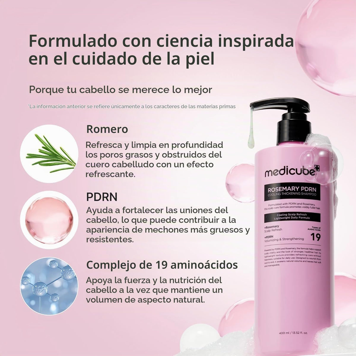 Medicube Rosemary PDRN Cooling Thickening Shampoo, con Romero y PDRN, Fórmula Ligera Diaria, 400 ml