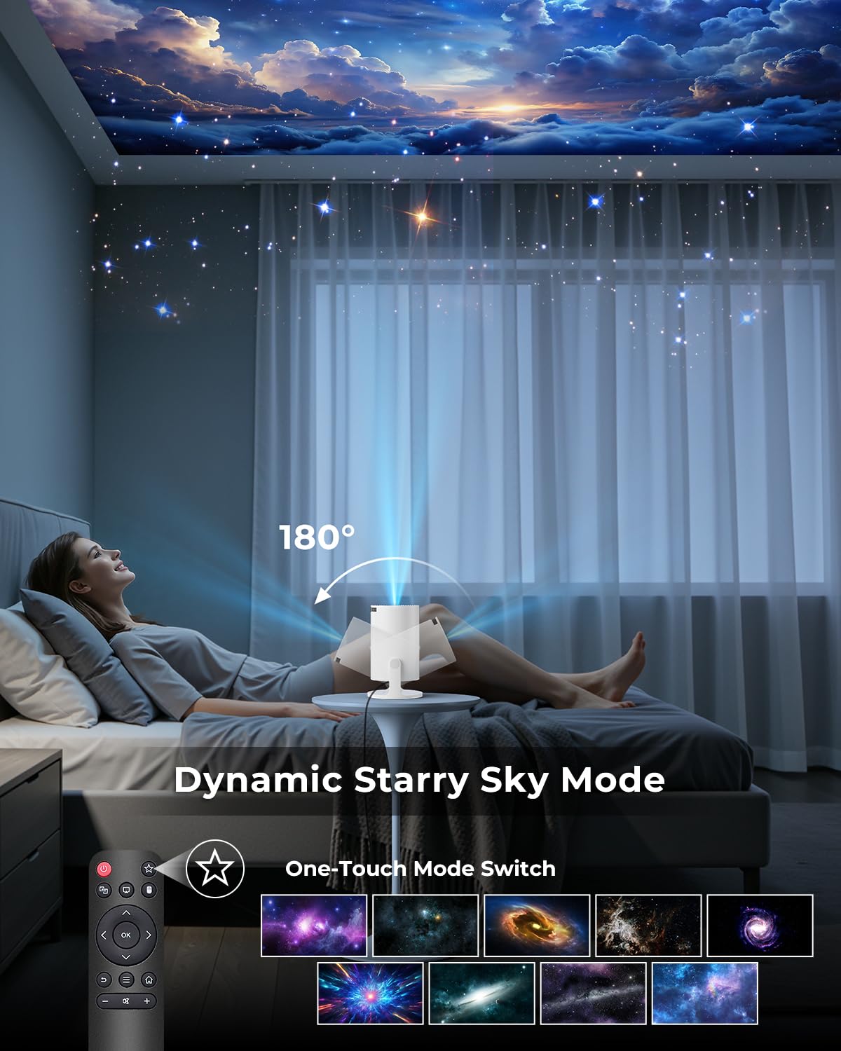 Mini proyector, proyector portátil con WiFi y Bluetooth, aplicaciones integradas, compatible con 4K 1080P, rotación de 180°, piedra clave automática, proyector de película compatible con HDMI/USB/TV