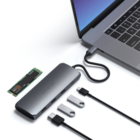 Adaptador Multipuertos Híbrido USB-C SATECHI Gris Espacial con Puertos M.2 SATA SSD y HDMI 4K 60Hz