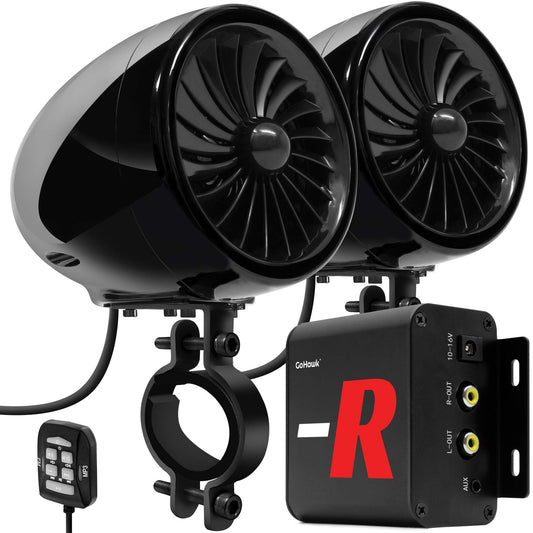 GoHawk TJ4-R - Sistema de amplificador de 4 pulgadas (10 cm), rango completo, impermeables, Bluetooth, bocinas estéreo para motocicleta, de 1 a 1.5 pulgadas (2.5 a 4 cm) Amplificador de montaje en manubrio para Harley Touring Cruiser, ATV de 4 ruedas, aux
