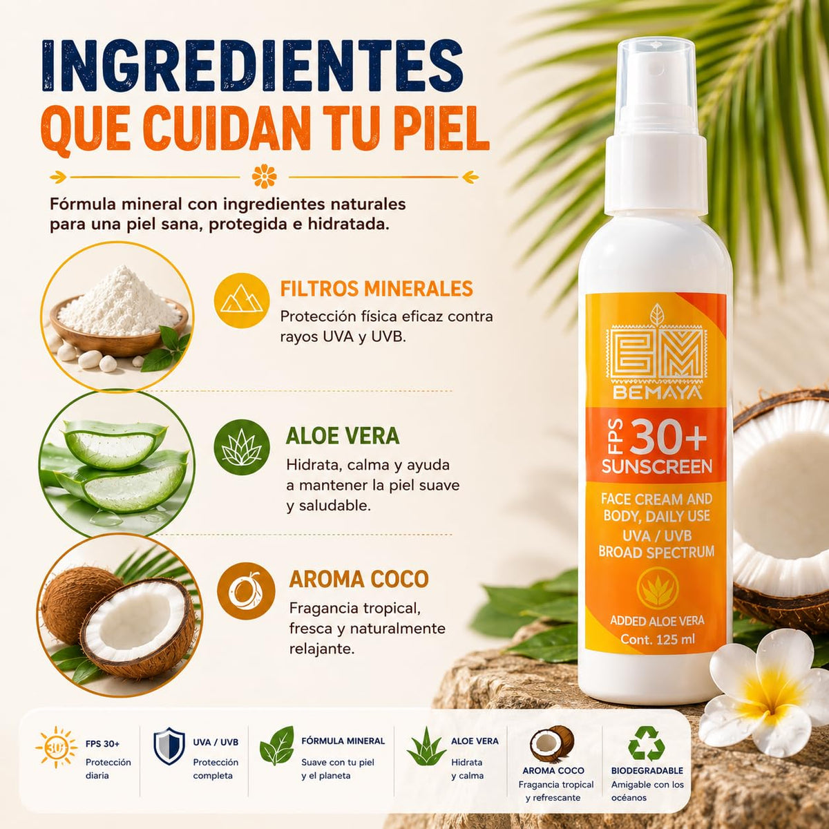Bloqueador Solar Mineral Bemaya Coco FPS 30+ Biodegradable para Piel Sensible