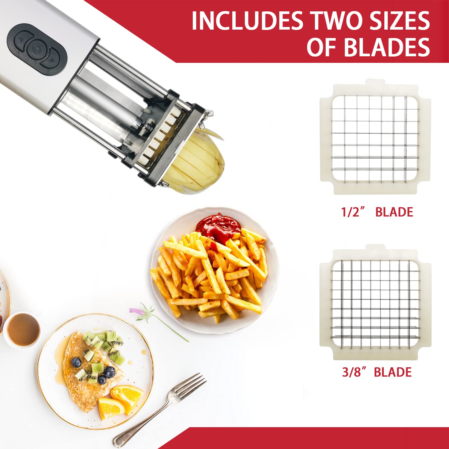Fstcrt - Cortador eléctrico de freír francés, acero inoxidable con hoja de 1/2 y 3/8 pulgadas, cortador de papas fritas para restaurantes y cocina en casa, uso para patatas, zanahorias, pepinos