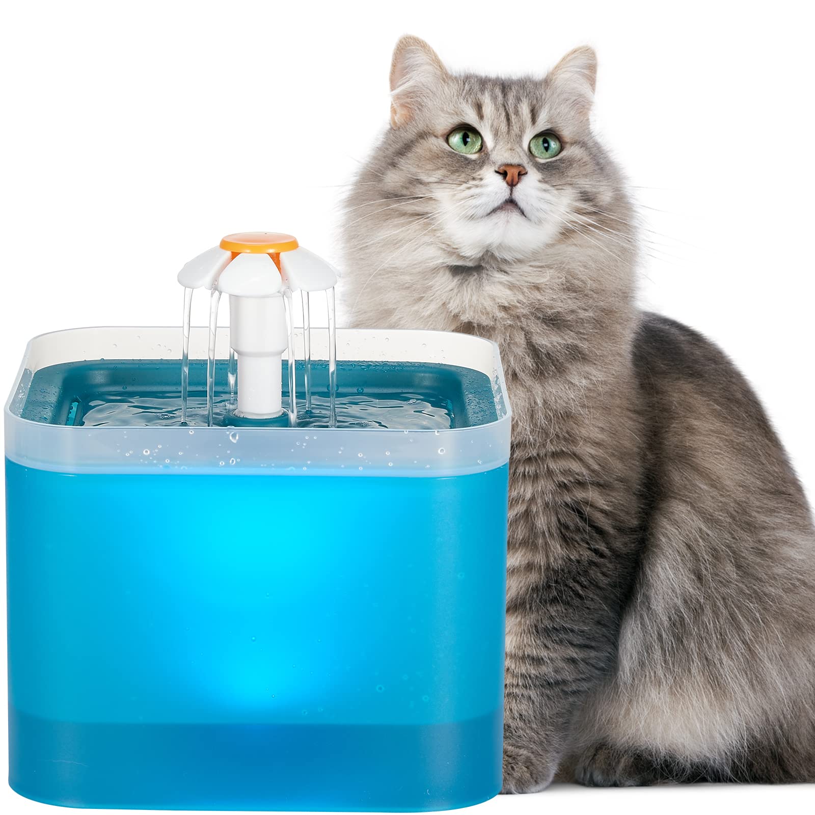 Fuente de Agua para Gatos, Fuente para Gatos Ultra Silenciosa con luz LED, Fuente de Agua para Mascotas con Capacidad de 2 l con Filtro, Dispensador Automático de Agua Potable para Gatos y Perros