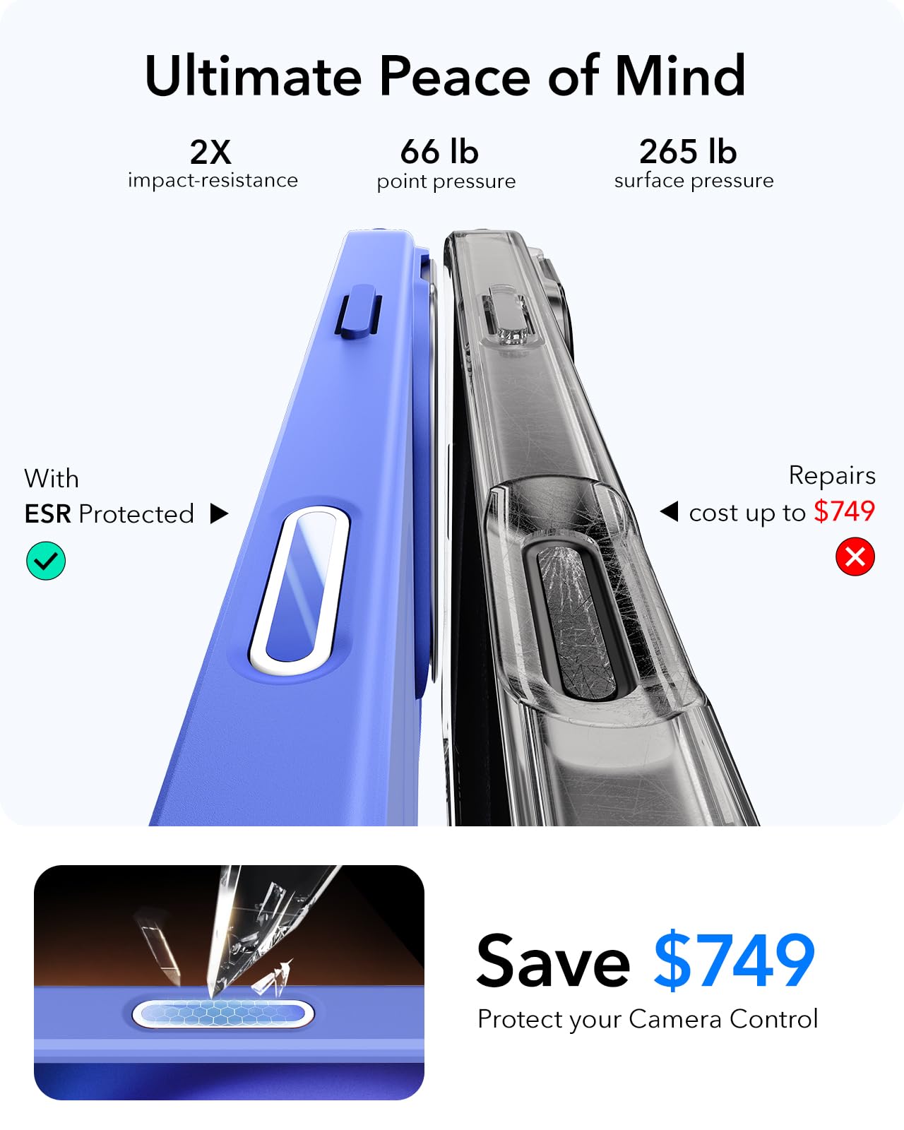 ESR - Funda para iPhone 16 Plus, botón de control de cámara compatible con MagSafe, protección de grado militar, soporte integrado, funda trasera resistente a arañazos, clásica, azul transparente