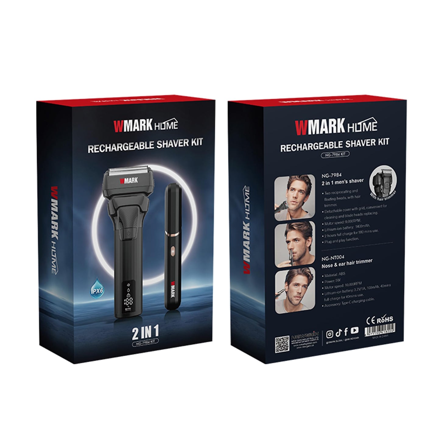 WMARK Kit de afeitado recargable de 2 piezas: afeitadora 2 en 1 para hombre (2 cabezales flotantes reciprocantes) y recortadora para nariz y orejas (10 000 RPM), cubierta de rejilla desmontable y fáci