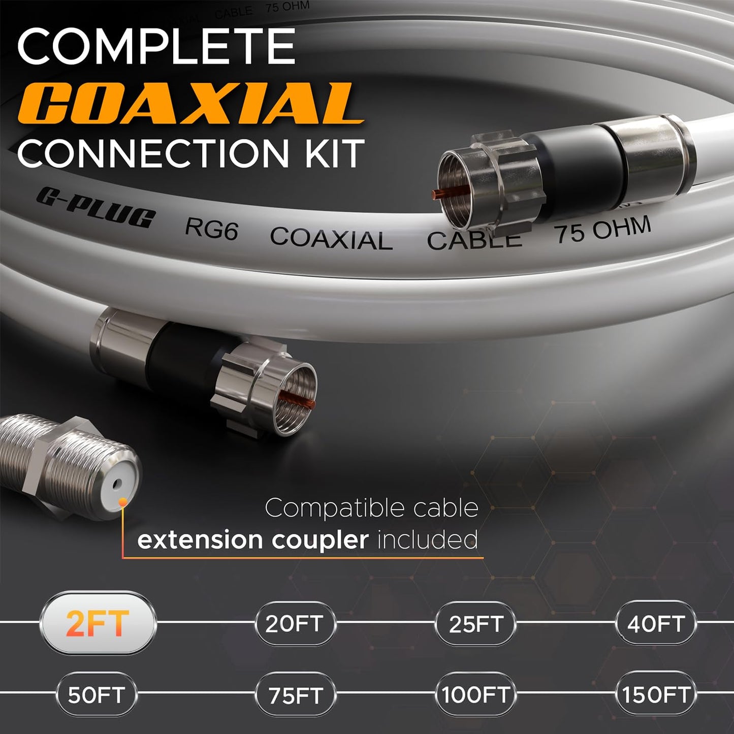 G-PLUG Cable Coaxial RG6 75 Ohm, Triple Blindaje, Conectores F Tipo Macho a Macho, Cable Antena TV, Satelital e Internet Banda Ancha, Incluye Acoplador F81, Blanco