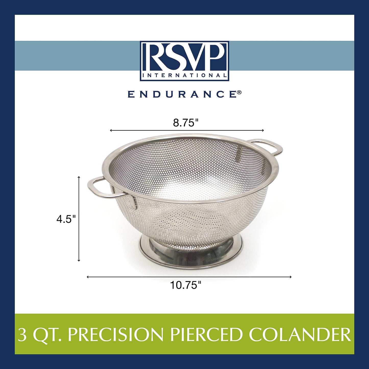 Colador Strainer RSVP International Endurance Acero Inoxidable Perforado 3 Cuartos
