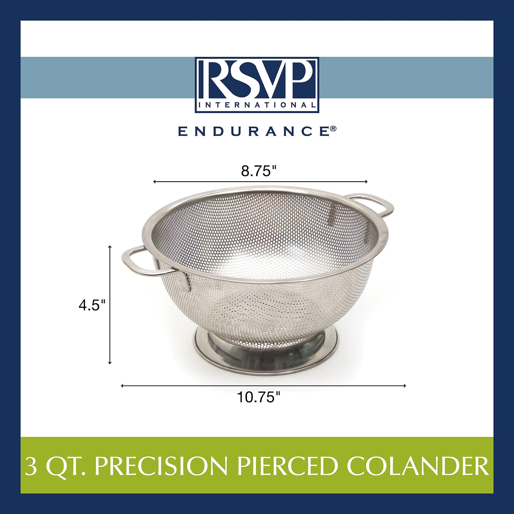 Colador Strainer RSVP International Endurance Acero Inoxidable Perforado 3 Cuartos