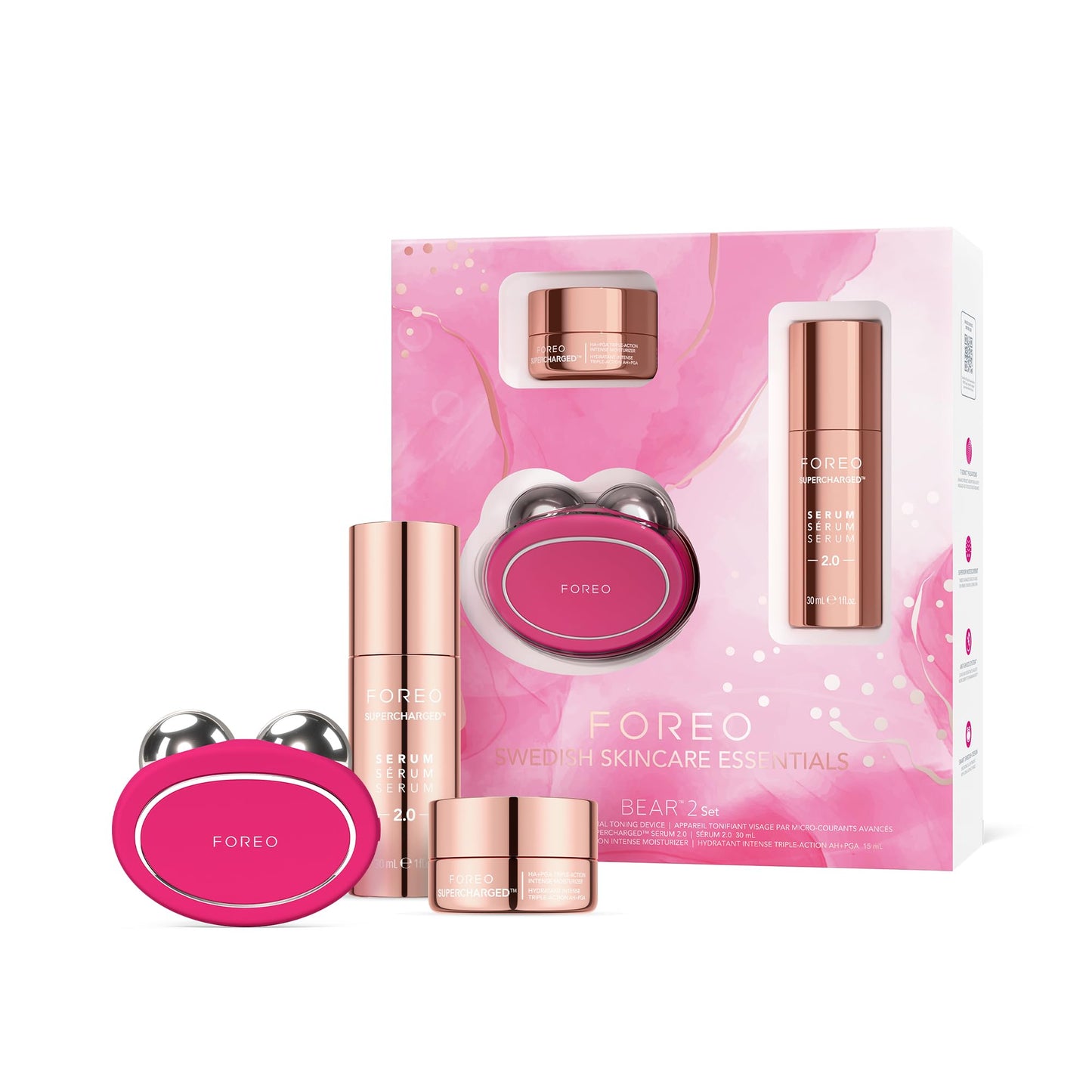 FOREO BEAR 2 Set - Set de skin care - Masajeador facial de microcorrientes + SUPERCHARGED SERUM 2.0, 30 ml + SUPERCHARGED Crema hidratante intensa de triple acción HA+PGA, 15 ml - Antiedad - Lifting