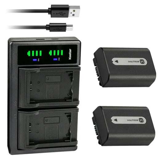 Kastar - Paquete de 2 baterías NP-FH50 y cargador USB LTD2 de repuesto para Sony DCR-SR36, DCR-SR37, DCR-SR38, DCR-SR40, DCR-SR42, DCR-SR45, DCR-SR46, DCR-SR47, DCR-SR48, DCR-SR50, DR
