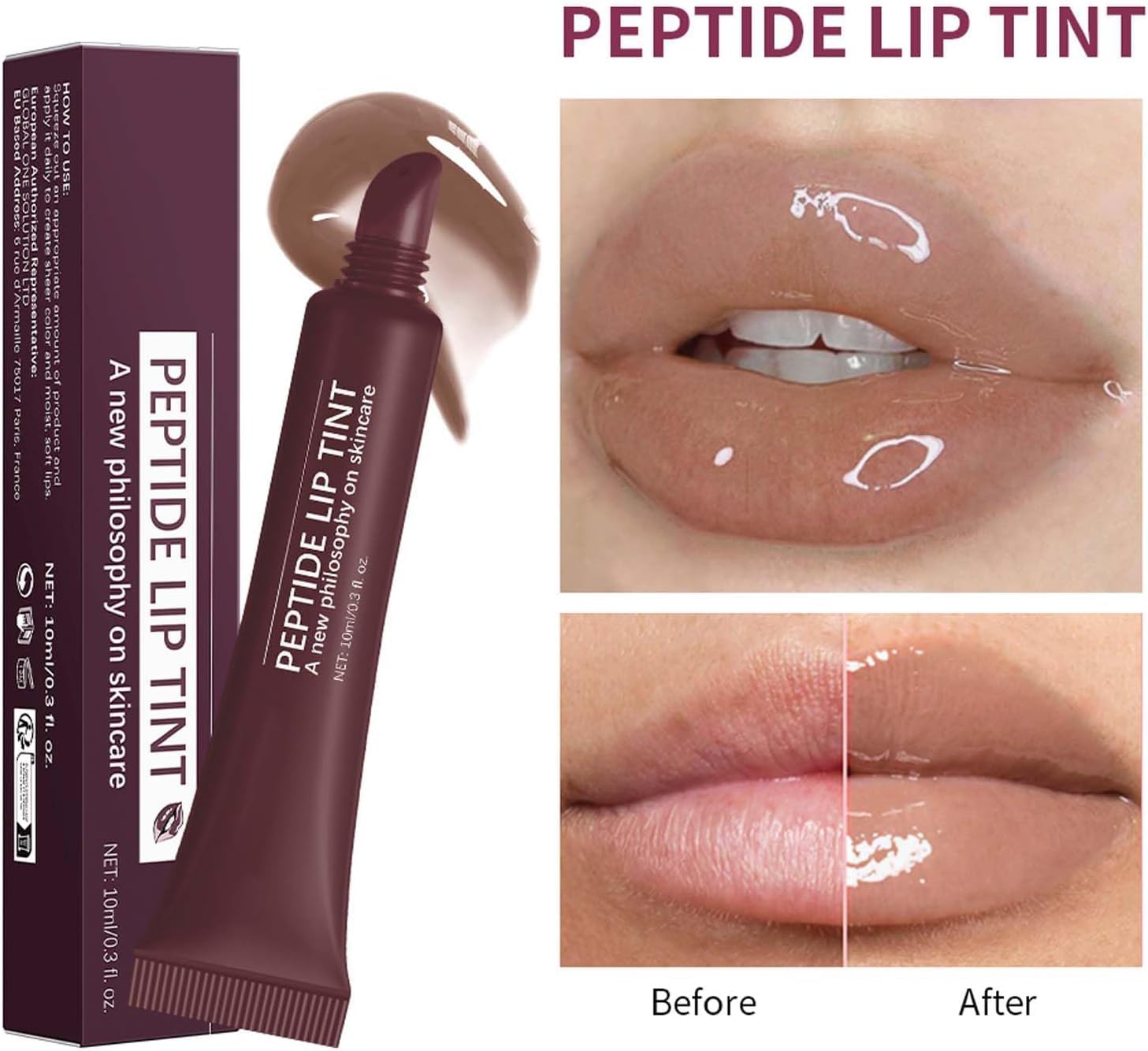 Lip Jam Brillo de Labios Hidratante Labial Voluminizador Bálsamo Labial de Larga Duración Tinte Labial Transparente Hidratante con Péptidos para Mujeres y Niñas, Labios No Pegajosos (3#)