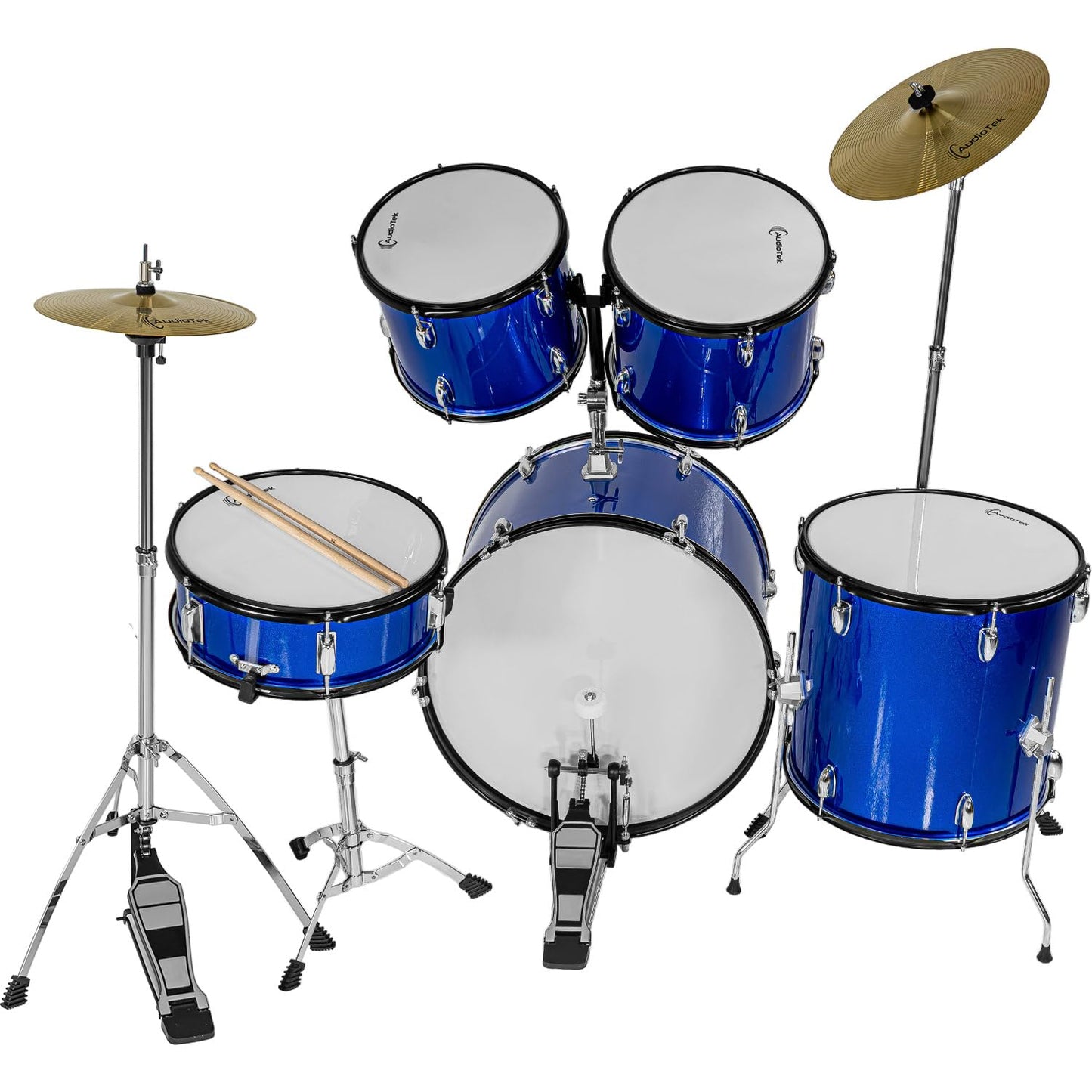 AUDIOTEK Bateria Acustica 5 Piezas Completo Platillos Atriles Bombo 23 Pulgadas Toms Redoblante Tambor de Piso Baquetas Incluidas Kit Musical Semi Profesional para Principiantes y Adultos (Azul)