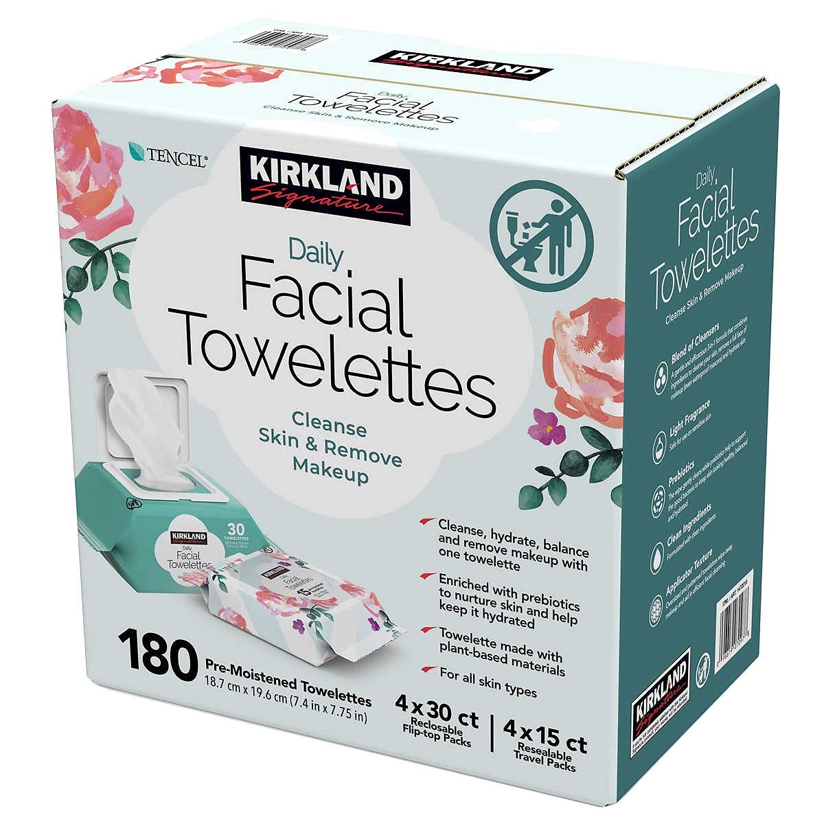Kirkland Toallas faciales diarias, 180 CT, 180 toallas prehidratadas, hipoalergénicas, sin alcohol, 4 paquetes de viaje resellables de 30 quilates