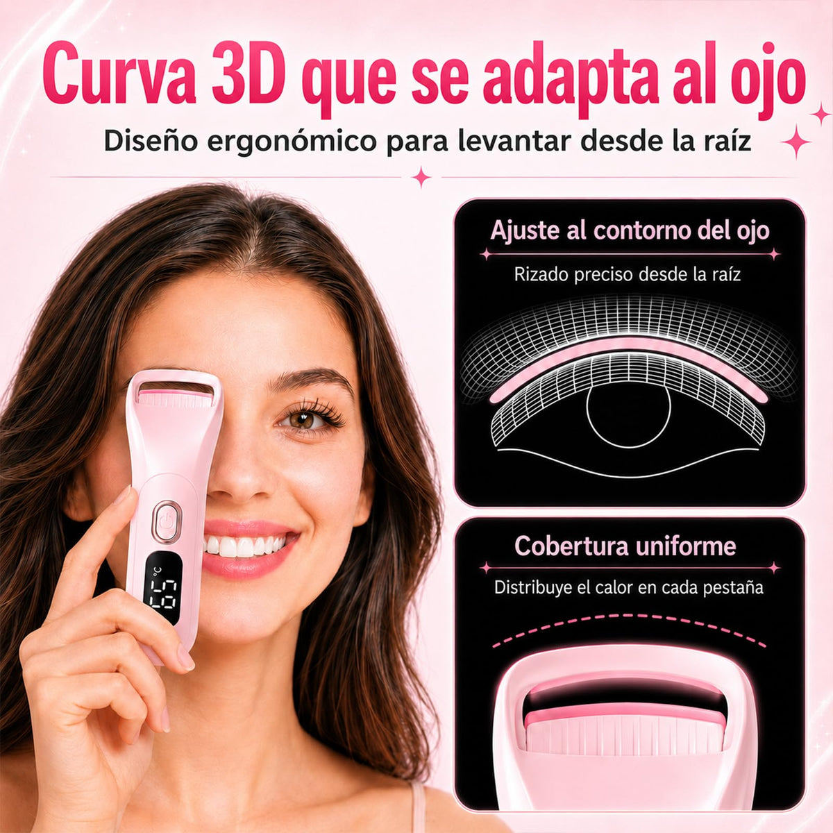 Rizador de pestañas calentado, mini rizador eléctrico de pestañas calentado portátil de tamaño de viaje (Rosa)