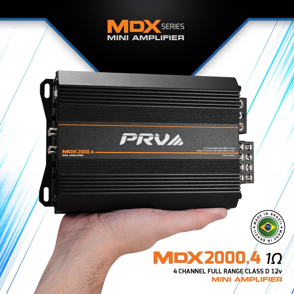Amplificador de Audio para Coche PRV Audio MDX2000.4 4 Canales 1 Ohmio 2000 Vatios 12 Voltios para Deportes de Potencia y Motocicletas