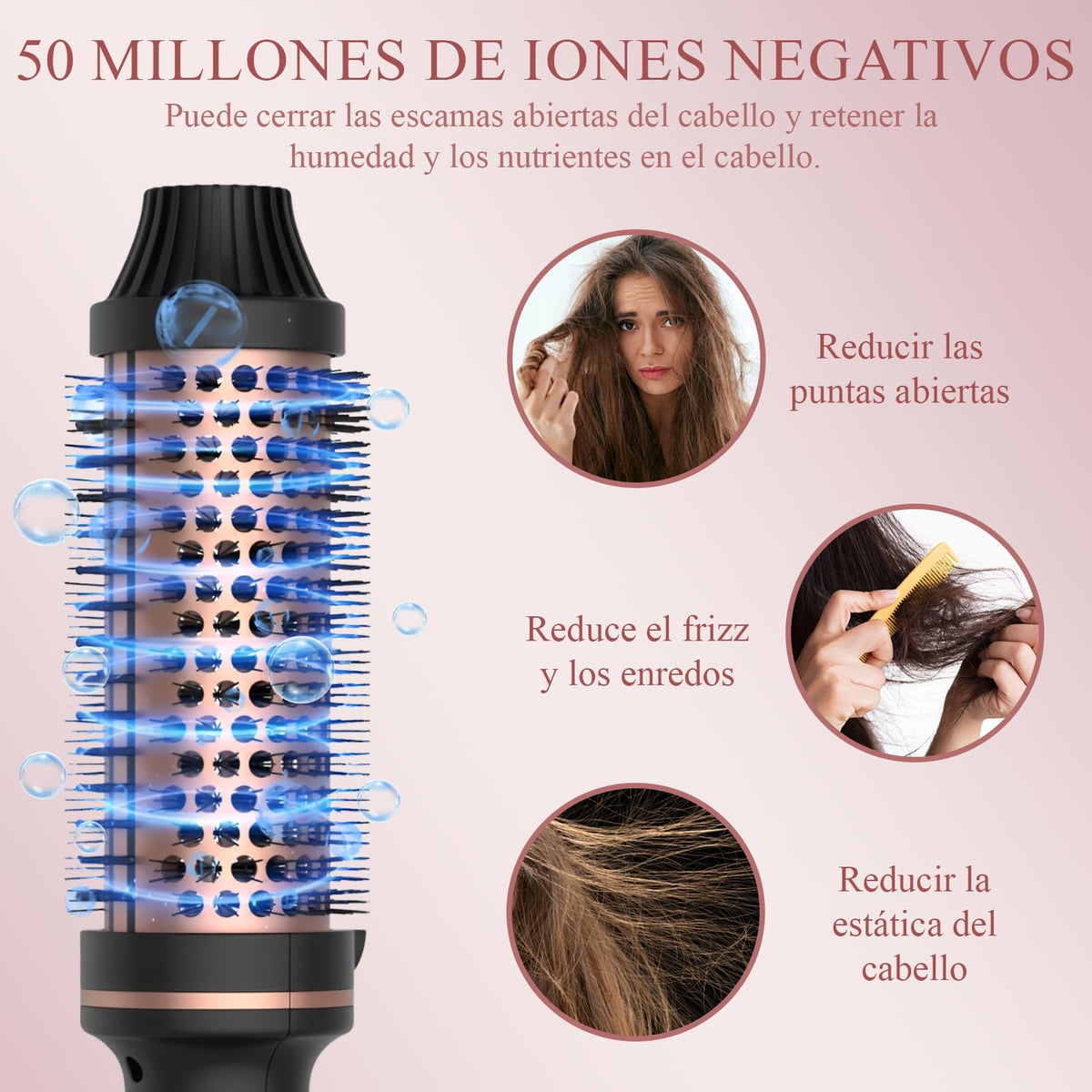 Cepillo de Aire Caliente Eléctrico Anti-Frizz de Iones Negativos para Cabello Rizado y Liso con Guantes Anti-Escaldaduras