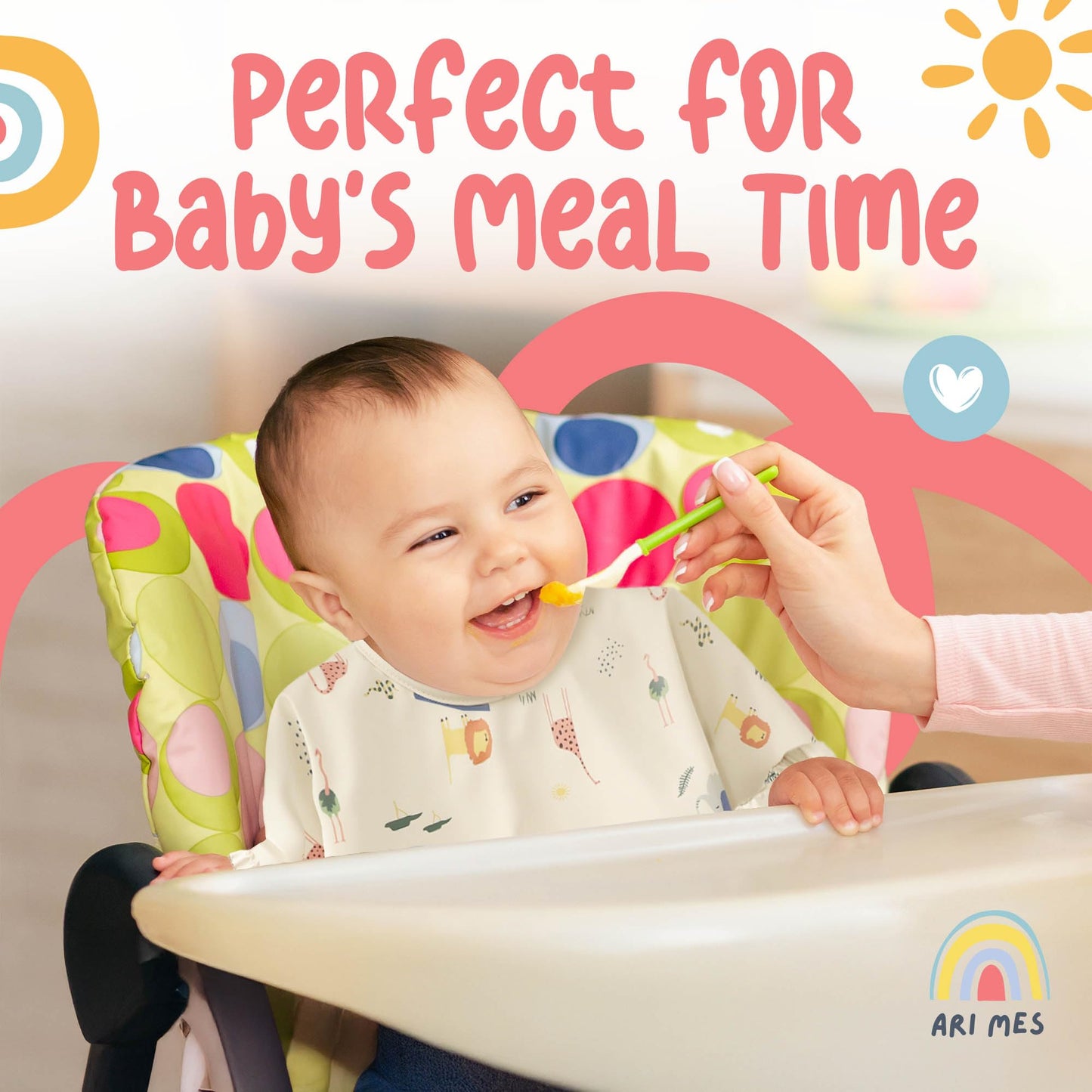 ARI MES - Babero de manga larga impermeable para bebé, traje de babero de manga completa para bebé niño o niña, tamaño mediano, arco iris