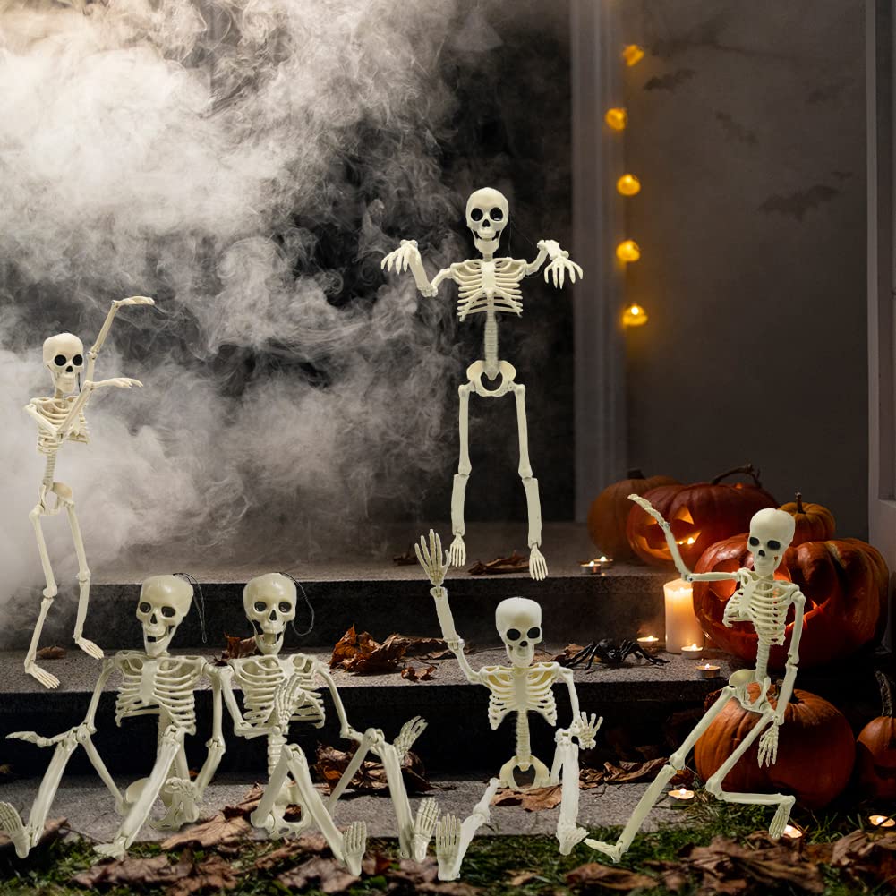 CAMIRUS - 6 decoraciones de esqueleto de Halloween, de cuerpo completo de 16 pulgadas, pequeños huesos de plástico con articulaciones móviles posibles para Halloween, fiestas en interiores y