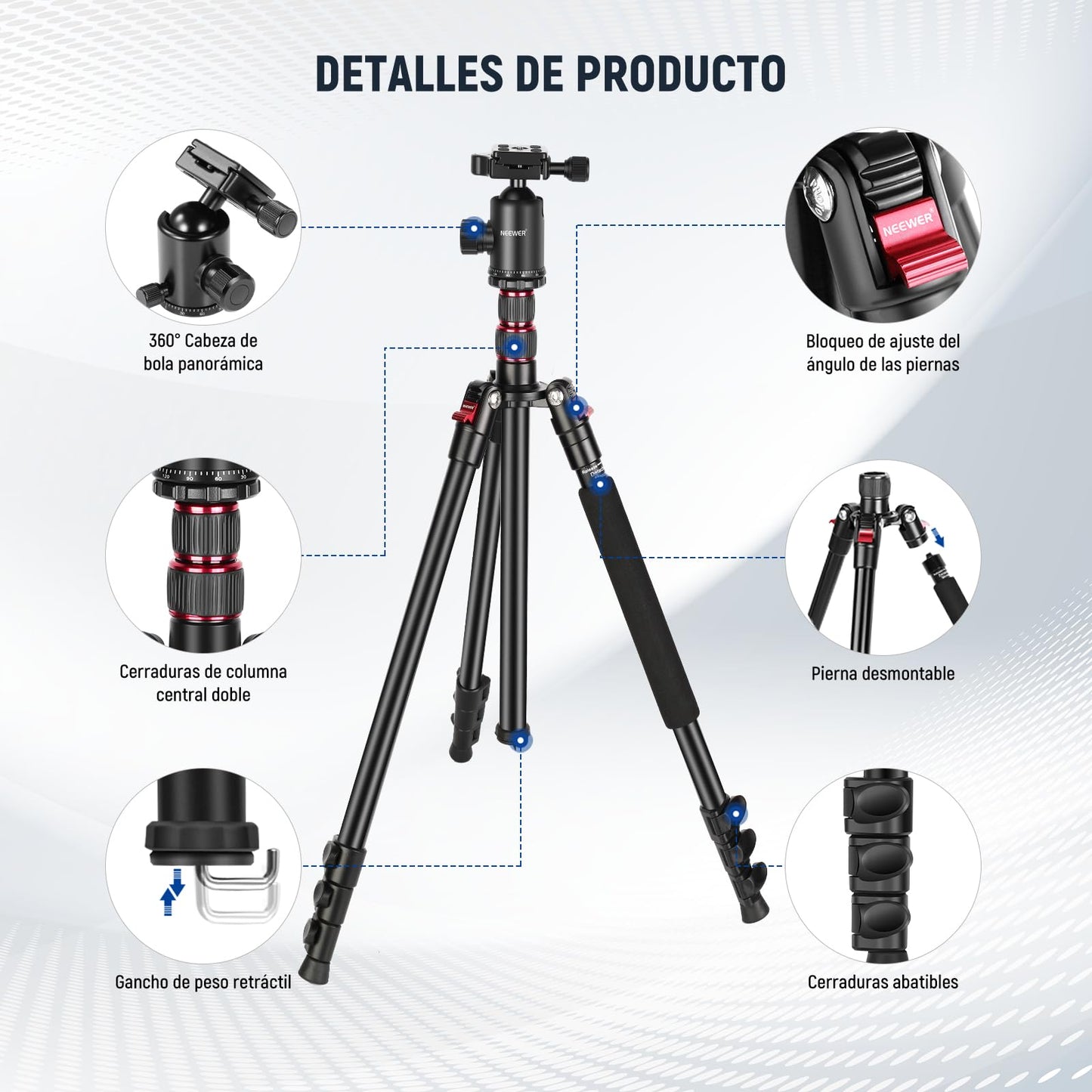 Trípode de Cámara Neewer Aluminio Compacto con Rótula Panorámica para Fotografía Profesional