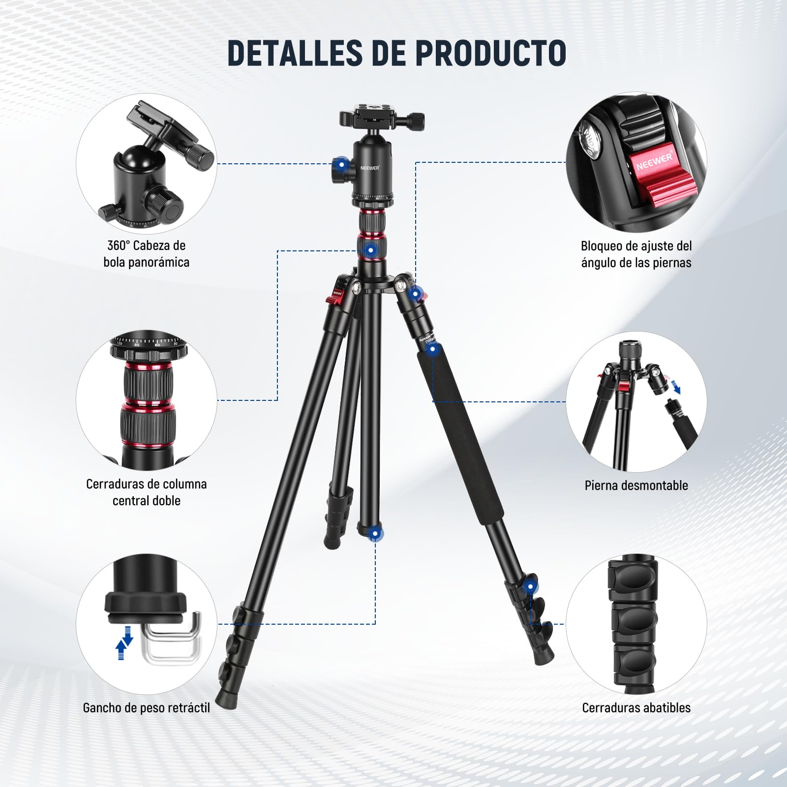 Trípode de Cámara Neewer Aluminio Compacto con Rótula Panorámica para Fotografía Profesional