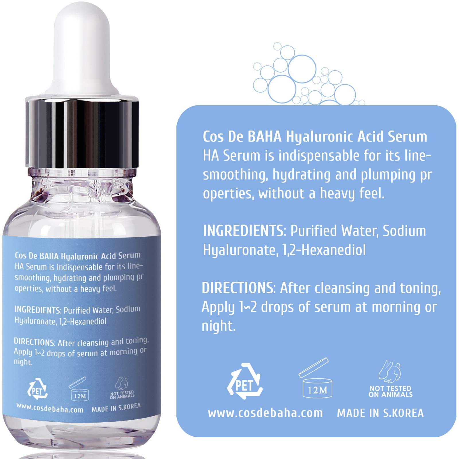 CosDeBAHA Pure 100% Hyaluronic Acid Moisturizer Serum, anti-aging, anti-wrinkles, Original Collagen Booster, Plumping, Softens Fine Lines, HA Powder 1%, Natural Facial Skin Care, paraben-free, 1Fl.oz