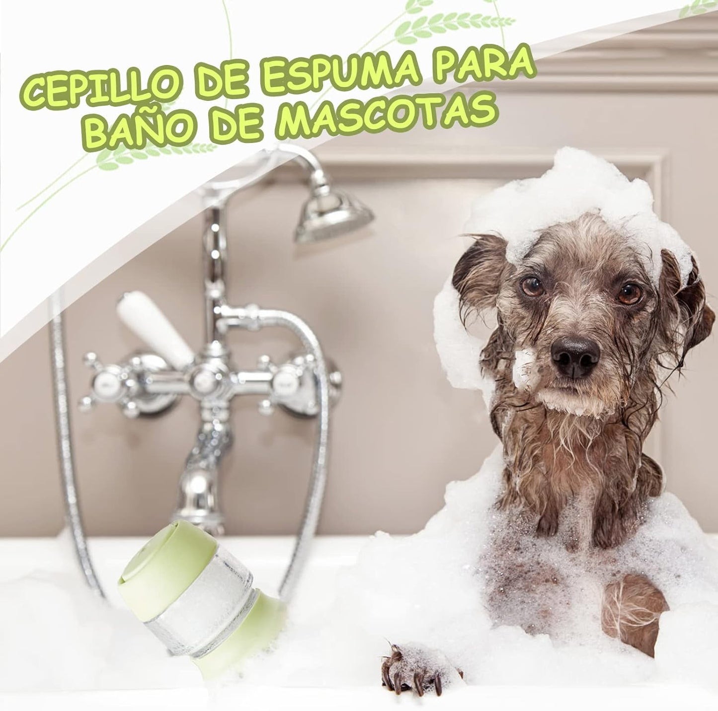Cepillo de baño para mascotas, cepillo para perros con 2 cabezales de cepillo de silicona suave, dispensador de masaje de champú para mascotas para aseo de mascotas, cepillo de ducha para limpieza de cabello de perros y gatos(verde)