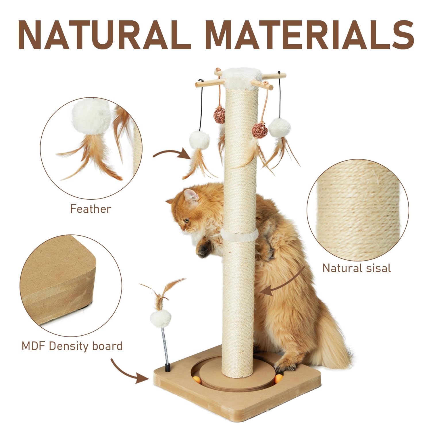 Poste Rascador PEEKAB Beige de 33 Pulgadas con Bola de Pista y Juguetes para Gatos de Interior