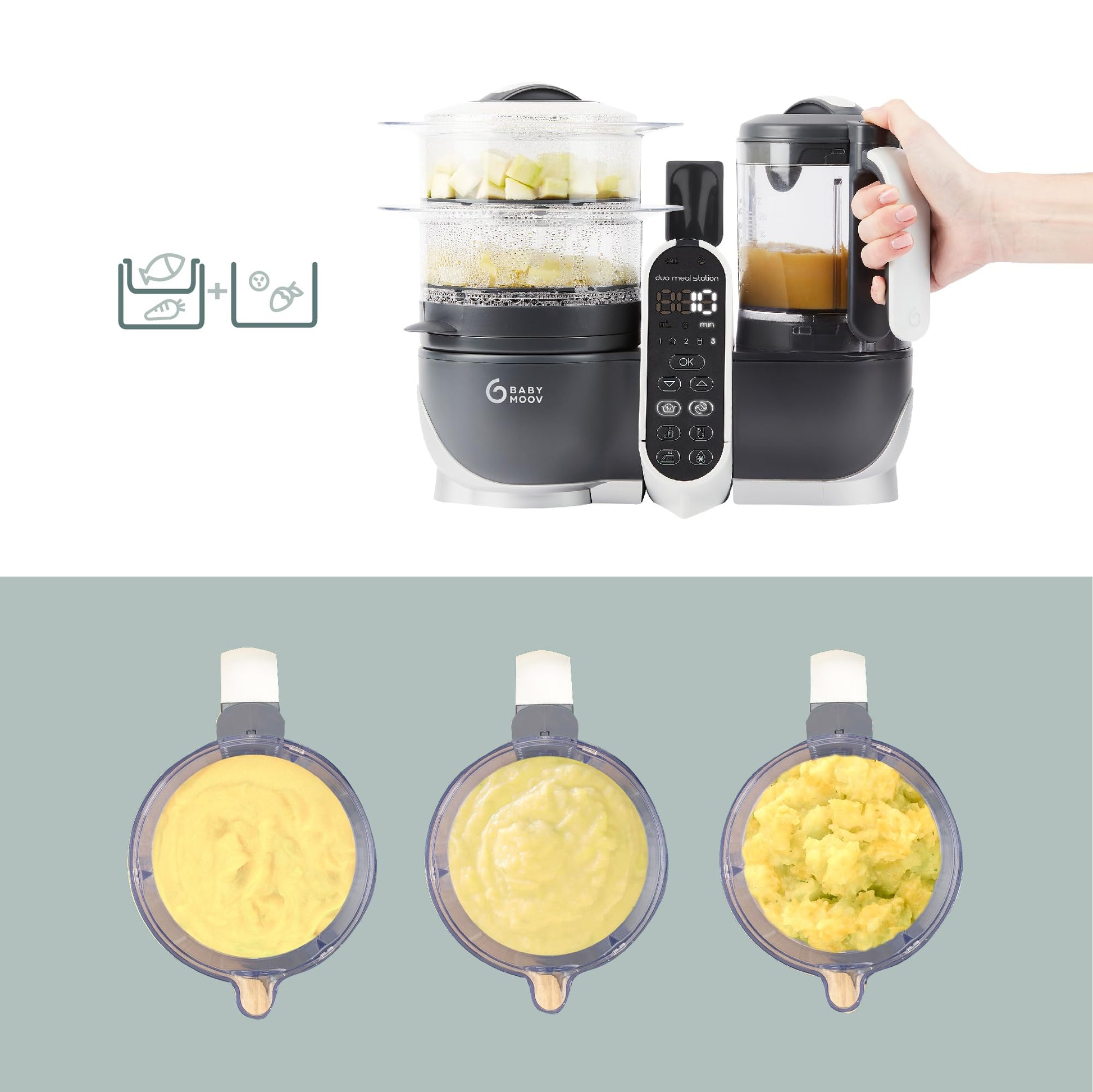 Babymoov Duo Meal 6 en 1: Procesador de Alimentos para Bebés con Vaporizador y Licuadora de Velocidades Múltiples, Calienta y Descongela (Aprobado por Nutricionistas), Gris