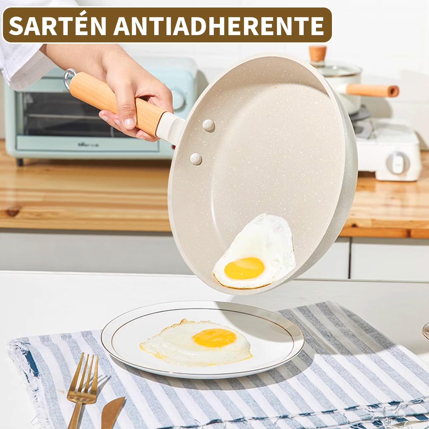 Juego de Sartenes Antiadherentes Batería de Cocina Blanco con Mango Desmontable