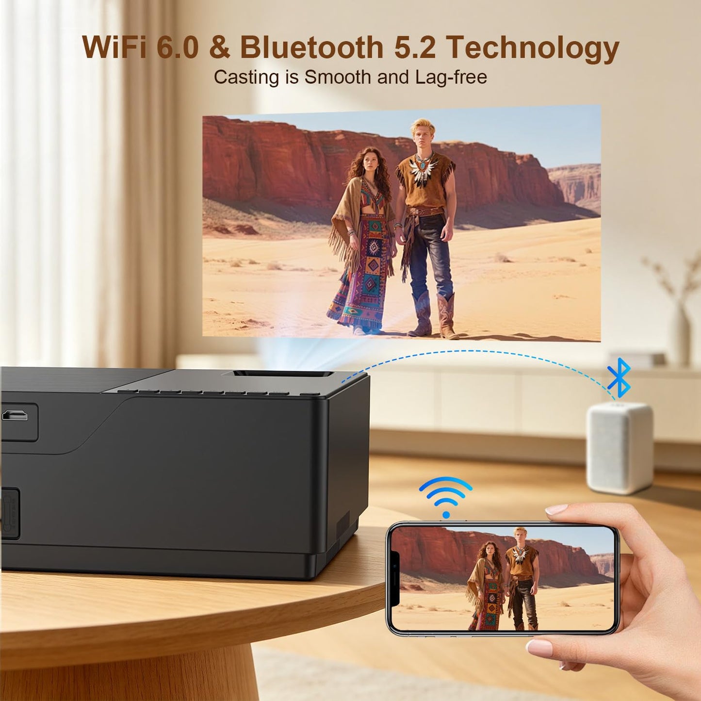 Proyector portátil WiFi/Bluetooth, Nativo 1080p Compatible 4K, Altavoz Integrado y corrección Trapezoidal 6D automática. para Cine doméstico, dormitorios, Techo, Camping y Exterior.